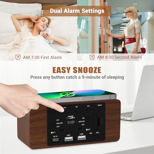 URAYCO Wood Digital Alarm Clock with 10W Fast Wireless Charger, USB Charging Ports, DST, Dimmable, Snooze, Large Number LED Display for Bedrooms, Desk, Living Room Table, Bedside, Nightstand (Brown)