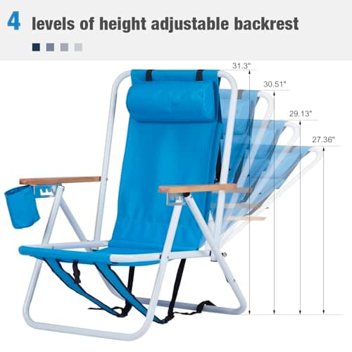 Set of 2 Folding Backpack Beach Chairs for Adults,Outdoor Folding Heavy Duty Camping Chair with Large Pockets and Cup Holder,Adjustable high Beach Lounge Chairs for Outdoor,Travel (Blue)