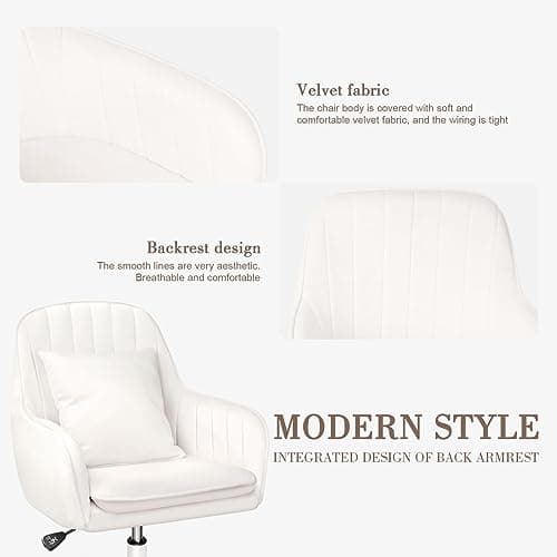 Mid Back Velvet Vanity Chair Swivel Rolling Desk Chair with Wheels, Modern Upholstered Makeup Chair for Women Girls, Computer Task Chair for Bedroom Living Room Office, White