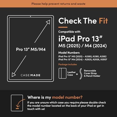 Casemade Real Leather Case Compatible with iPad Pro 13” M5 (2025)/M4 (2024) - Full-Grain Leather Cover, Auto Sleep/Wake, Dual Stand Position (Tan)