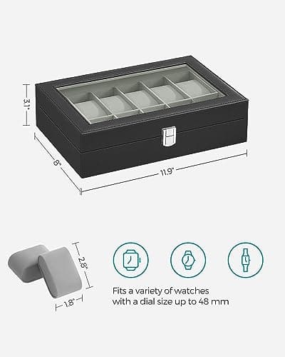 SONGMICS SONGMICS Watch Box, 12-Slot Watch Case Organizer with Large Glass Lid, Removable Pillows, Gift for Loved Ones, Black Synthetic Leather, Gray Lining UJWB12BK