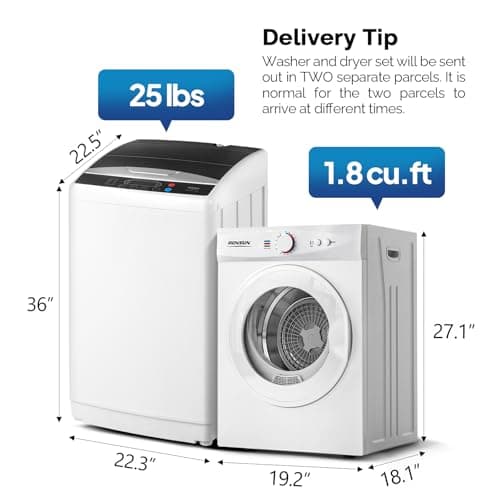 ROVSUN 25LBS Full Automatic Washing Machine and 1.8CuFt Portable Clothes Dryer Set, Compact Laundry Washer and Dryer Combo Set with Stainless Steel Inner Tub, for Apartment, Dorms, Home