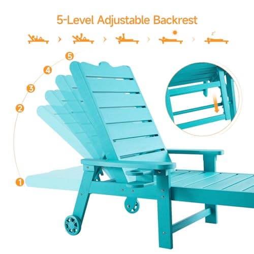 ONBRILL Patio Chaise Lounge Set of 2, Outdoor Lounge Chairs with 5-Level Adjustable Backrest, CupHolder, No Fade, No Break, 350lbs Capacity, HDPS Material, Blue