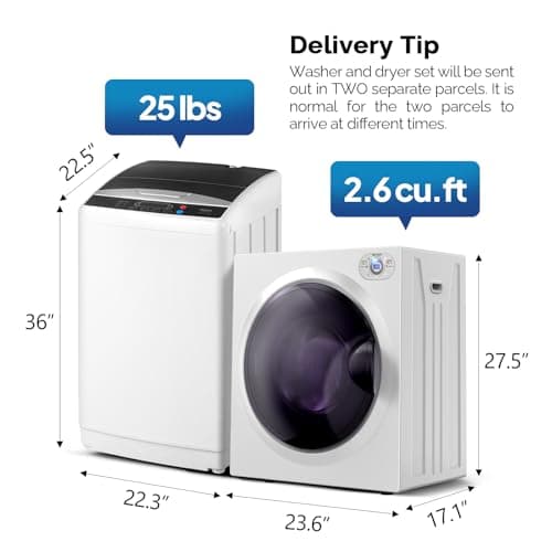 ROVSUN 25LBS Full Automatic Washing Machine and 2.6CuFt Portable Clothes Dryer Set, Electric Laundry Washer and Dryer Combo Set with Stainless Steel Inner Tub, for Apartment, Dorms, Home