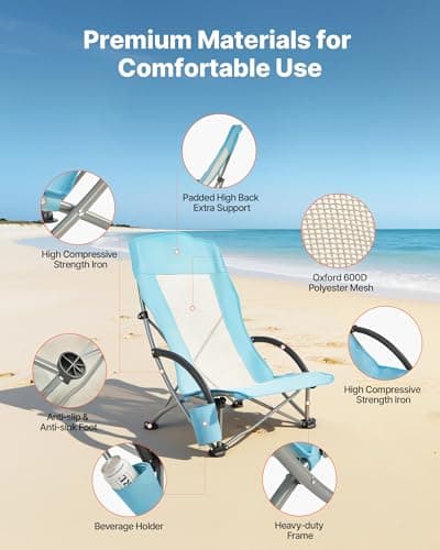 VEVOR Folding Beach Chair, High Back Camping Chairs for Adults, with Cup Pocket, Mesh Back, Carry Bag, Portable Extra Wide Seat Chair 330 lbs Heavy Duty Support, for Outdoor, Camp, Light Blue