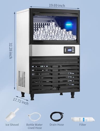 Commercial Ice Maker Machine, 130lbs/24H, 30 Lbs Ice Storage Bin, Fast Making Ice in 5-15 Mins, Auto-Clean, Timer Function, Freestanding or Undercounter for Restaurant,Coffee Shop, Food Truck and Bar