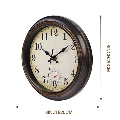 Horizent Outdoor Clocks Waterproof with Thermometer Combo Vintage Rustic Wall Clock for Patio Pool Bathroom Kitchen(8 Inch,Bronze)