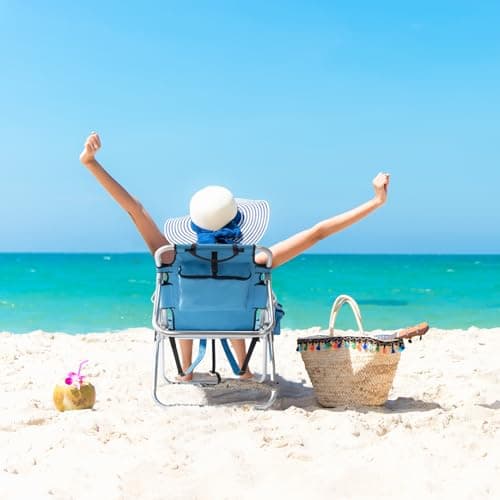 Outvita Backpack Beach Chair, 5 Level Adjustable Positions Beach Chair with Back Storage Bag, Cooler Pouch and Side Bags for Beach Poolside Lawn