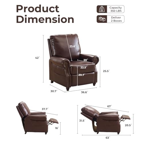 Pushback Recliner Chair with Massage and Heat, Breathable Leather Recliner Chair with Overstuffed Backrest, Recliner with Rivet Decoration, Single Sofa Accent Chair for Living Room, Brown