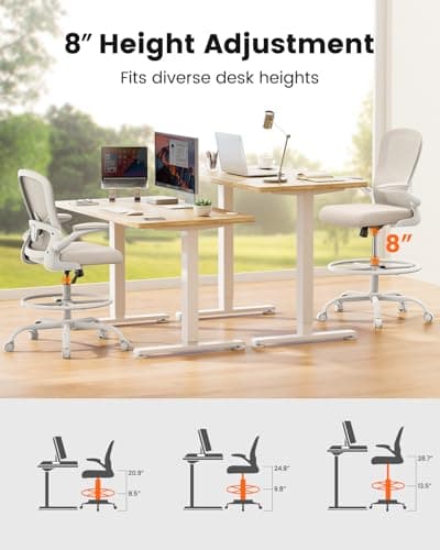 ErGear Drafting Chair,Tall Office Chair with Flip-Up Armrests, High Desk Chair Adjustable Height and Adjustable Footrest Ring, Ergonomic Standing Desk Chair with Lumbar Support, Khaki