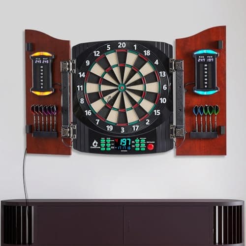 Electronic Dart Board with Wooden Door, Electric Dartboard with Heckler & Light Effects, Digital Soft Tip Dartboards for Game Room Man Cave Bar, 12 Darts, 100 Soft Tips