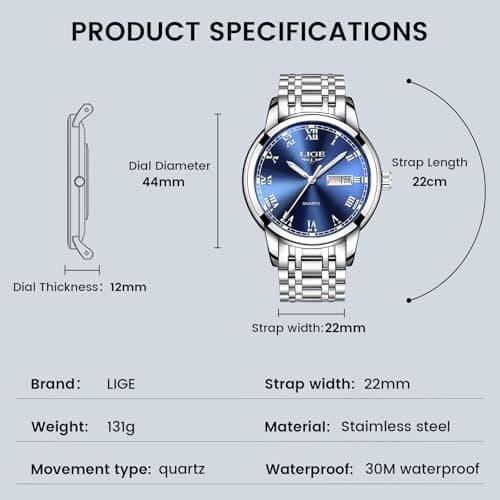 LIGE Mens Watch, Analog Men's Wrist Watches, Stainless Steel Style, Quartz Movement Calendar Function, 3ATM Waterproof, Clear Luminous Display, Business Social Matching