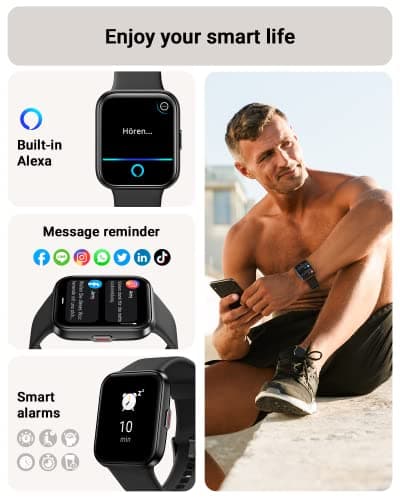 Tensky Smart Watch for Men/Women Android & iPhone, Alexa Built-in, 1.8" Touch Screen Fitness Tracker with Answer/Make Calls, 3ATM Waterproof Heart Rate/Sleep/SpO2 Monitor, Pedometer, 100+ Sport Modes