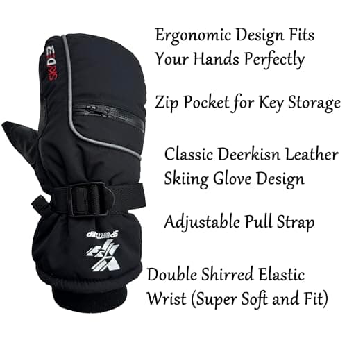 SKYDEER Waterproof Premium Deerskin Leather Ski Mittens with 150G 3M Thinsulate, Ultra Soft & Durable & Warm (SD8650M)