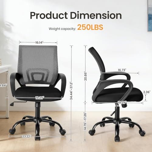 OLIXIS Office Desk Chair - Ergonomic Mid Back with Lumbar Support & Rocking Mode, Height Adjustable with Fixed Armrest, Storage Back for Computer, Gaming, Conference, Meeting, 360° Swivel, Black