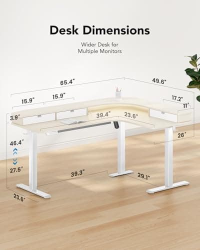 HUANUO 65″ L-Shaped Standing Desk with Power Outlets & LED Strip, Electric Height Adjustable Corner Computer Desk, Sit Stand Up Desk with 3 Drawers, Natural Wood