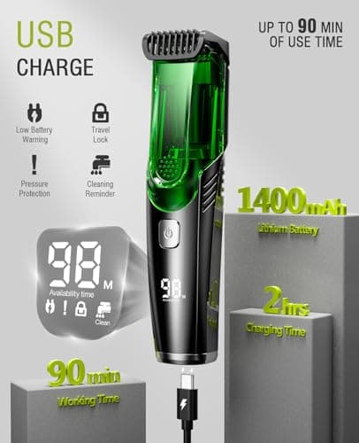 SHPAVVER Beard Trimmer for Men: Vacuum Mustache Trimmer for Less Mess -IPX7 Waterproof- Rechargeable Electric Beard Cutting Kit with Adjustable Length Comb-Built-in Vacuum for Sideburns/Stubble
