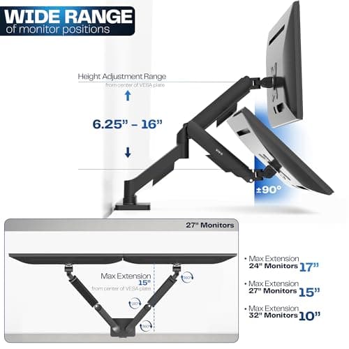 VIVO Dual Monitor Stand, Fully Adjustable Arms for 17 to 32 inch Screens, Mechanical Articulating Desk Mount, Gaming and Office Setups, VESA 75x75, 100x100, Max 19.8 lbs, Classic, Black, STAND-V002O
