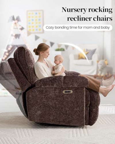 Oversized Power Swivel Rocker Recliner Chair for Big and Tall, Electric Chenille Glider with USB Ports, Extra Wide Overstuffed Reclining Sofa for Living Room Nursery, 375lbs (Brown, Power)