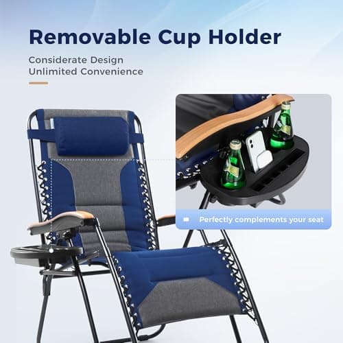 MAISON ARTS Oversized XXL Padded Zero Gravity Chair, 30" Wide Seat Foldable Patio Recliner, Anti Gravity Outdoor Lawn Chair with Cup Holder & Pillow, Supports 400lbs, Blue & Grey