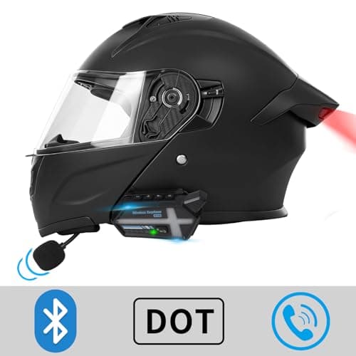 Bluetooth Modular Motorcycle Helmets with Tail Lights, DOT Certified Flip-Up Dual Visor Full Face Helmets for Men & Women Moto ATV UTV Snowmobile ADV Four Wheeler Street Bike