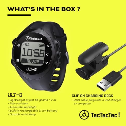 TecTecTec TecTecTec ULT-G Stylish, Lightweight and Multi-Functional Golf GPS Watch, Durable Wrist Band with LCD Display, Worldwide Preloaded Courses - Black