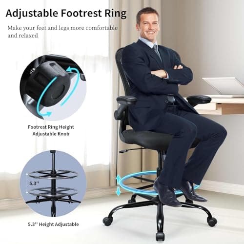 Drafting Chair, Ergonomic Tall Office Chair for Standing Desk, Counter Height Desk Chair with Adjustable Padded Armrests and Footrest Ring Standing Desk Chair Adjustable Height with Lumbar Support