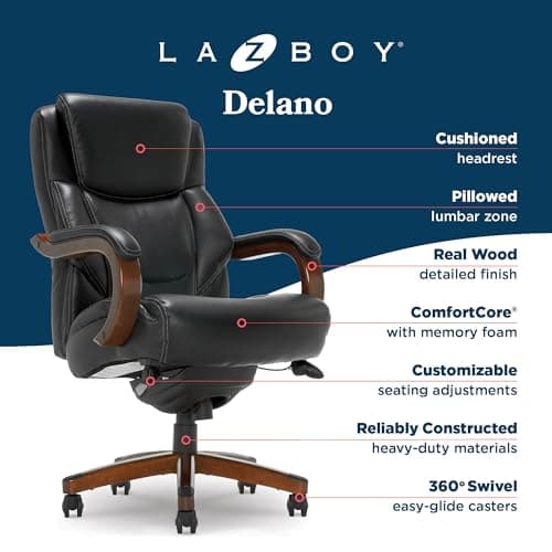 La-Z-Boy Delano Big and Tall Executive Office Chair - Ergonomic Lumbar Support Memory Foam - Bonded Leather Desk Chair for Home Office - Mahogany Wood Arms - Black