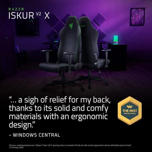 Razer Iskur V2 X Ergonomic Gaming Chair: Built-in Lumbar Support - Widened Seat Base - High Density Foam Cushions - Adjustable 152 Degree Recline - 2D Armrests - Plush Fabric Finish - Black