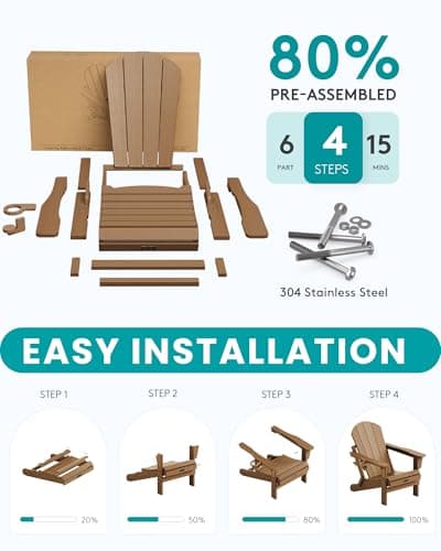 SERWALL Folding Adirondack Chair Set of 2 Outdoor Chairs Painted Adirondack Chair with Cup Holder Weather Resistant for Patio Deck Garden, Backyard Deck, Fire Pit- Brown