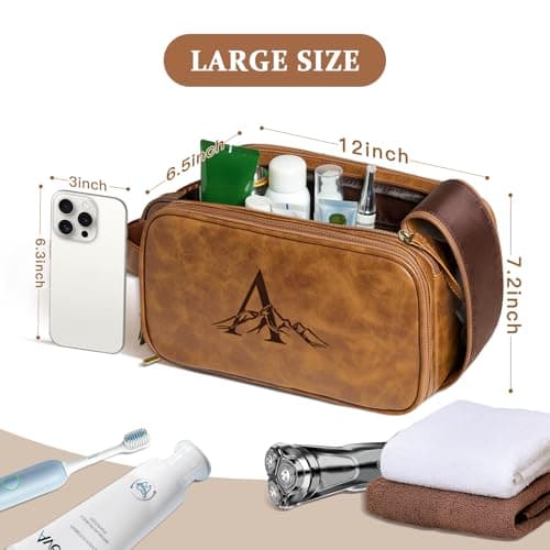 Janhavi Personalized Toiletry Bag for Men, Gifts for Boyfriend, Toiletry Bag For Shower Caddy,Personalized Initials & Mountain, Mens Toiletry Travel Bag, Travel Essentials for Men (Brown J)