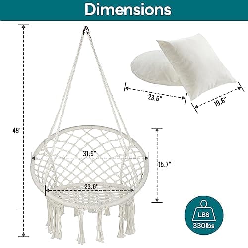 JoyView Macrame Hammock Chair Hanging Swing Chair Max 330 Lbs with 2 Cushions and Hardware Kits for Indoor Outdoor Bedroom Patio Garden - Beige