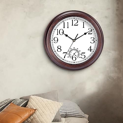 KECYET 8.5 Inch Outdoor Wall Clock with Thermometers, Vintage Silent Wall Clocks Battery Operated, Retro Non-Ticking Clock Decorative for Living Room, Patio, Kitchen, Office, Bathroom, Bedroom(Bronze)