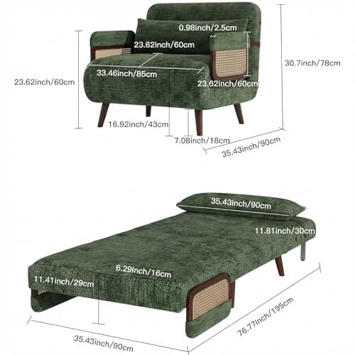 3-in-1 Convertible Sleeper Chair Bed for Adults, Chenille Fabric Armchair with 5-Level Adjustable Backrest, Folding Single Sofa Couch Futon Guest Bed with Pillow for Small Spaces, Office, Green 35.43"