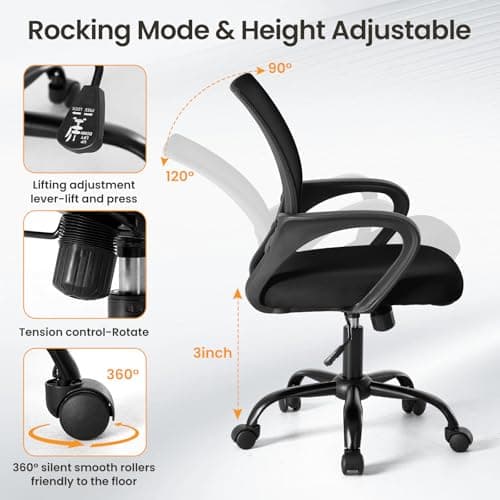 OLIXIS Office Desk Chair - Ergonomic Mid Back with Lumbar Support & Rocking Mode, Height Adjustable with Fixed Armrest, Storage Back for Computer, Gaming, Conference, Meeting, 360° Swivel, Black