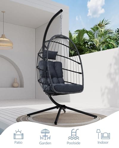SWITTE Egg Chair Outdoor with Stand, Indoor Wicker Hanging Egg Swing Chair with Cushion, 350lbs Capacity for Patio, Bedroom, Garden - Dark Grey