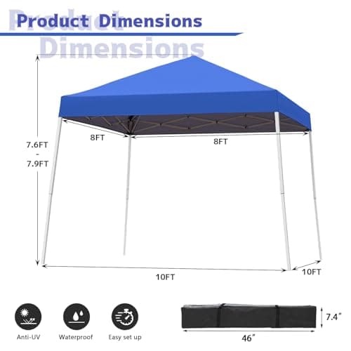 Oneofics Canopy Tent, 10X10 FT Pop Up Canopy Outdoor Instant Tent Slant Legs with Carrying Bag, Portable Gazebo Shelter for Patio Deck Garden and Beach - 8X8 FT Canopy Cover, Blue