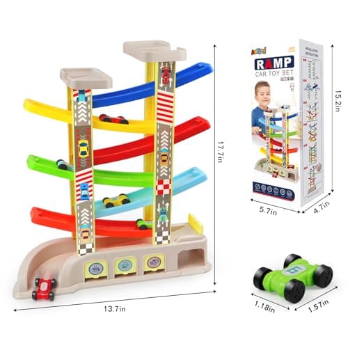 Race Track with Garages and Parking Lots, Car Toys Birthday Gift for Boys Girls Age 18+ Months, Preschool, Fine Motor Skills Montessori Toys for 2 3 Year Old Boys Toddlers, Car Ramp Toys with 6 Cars B08ZN3W7DV