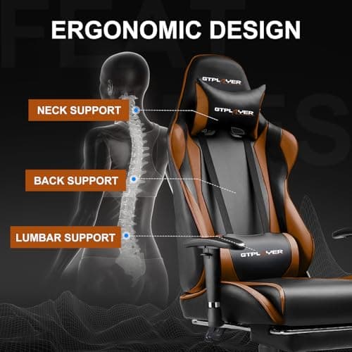 GTPLAYER Gaming Chair with Footrest, Ergonomic Computer Game Desk Chair, Recline Gaming Chair Seat Height Adjustment, Swivel Rocker with Headrest and Lumbar (Brown)
