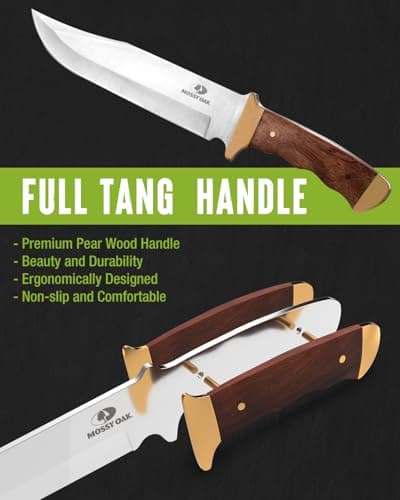 Mossy Oak 14-inch Bowie Knife, Full-tang Fixed Blade, Wood Handle Hunting Knife with Leather Sheath for Camping, Hiking, Survival