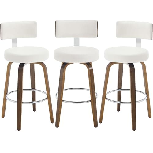 Bekrvio Swivel Counter Height Bar Stools Set of 3, Faux Leather Kitchen Stools Upholstered Barstools with Back, Walnut Wood Legs, Mid Century Island Chairs Counter Stools, 26" Seat Height, White