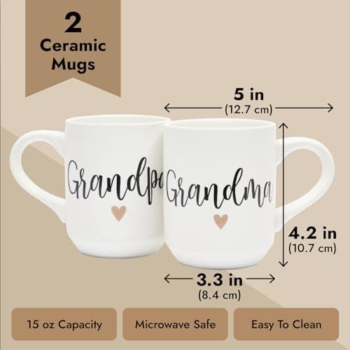 Sparkle and Bash Grandma & Grandpa Mugs - 15 Oz White 2-Pack Ceramic Modern - Grandparent Announcement Coffee Mug Set - Gifts for Grandparents First Time