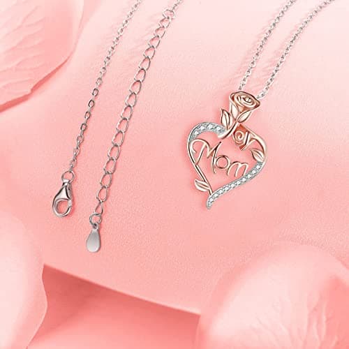 Mom Birthday Gift, Mothers Day Gift, Christmas Gift, Jewelry Gifts for Mom from Daughter Son Desimtion Sterling Silver Eternal Rose Heart Mom Necklaces for Women B0BYYLBBTJ