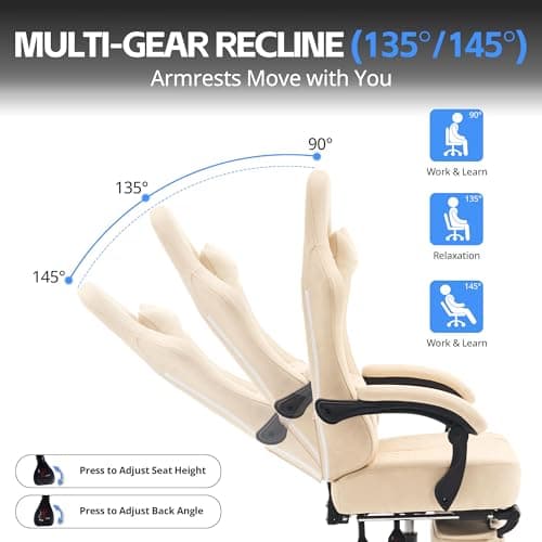 Gaming Chair Breathable Leather with Pocket Spring Cushion, Wide and High Ergonomic Office Chair with Headrest, Computer Gaming Chair with Footrest for Adult and Teen (Beige Leather)