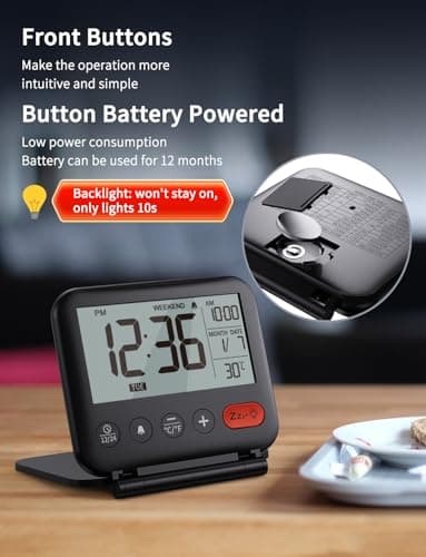 NOKLEAD Digital Travel Alarm Clock for Bedroom Office: Small LCD Desk Clock with Backlight Date Temperature Snooze 12/24H Weekend Mode and Mirror, Battery Powered Folding Bedside Clock for Adult Kids
