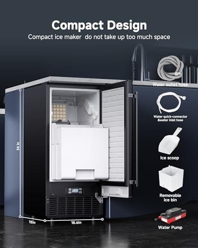 Commercial Under Counter Ice Maker with Drain Pump, Produces 85Lbs Daily Output, 24Lbs Storage Capacity, Self-Cleaning, 24H Timer, Built-in Freestanding Design, Ice Machine for Home, Bar, Cafe