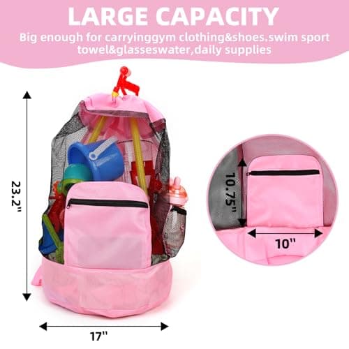 Beach toy bag，mesh backpack for beach,Beach Must Haves Sand Box Toys Seashell Bags，Waterproof Swim Mesh Beach Bag (1, Pink)
