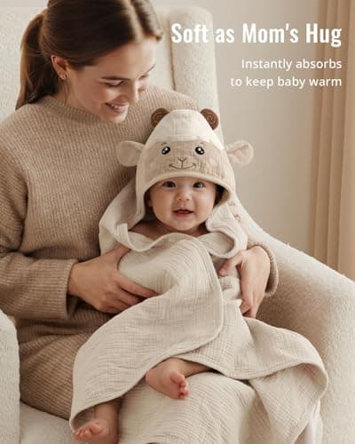 Blissful Diary Muslin Baby Hooded Towel 2 Pack, Soft & Absorbent Bath Towel for Infant, Toddler, Unisex, Baby Gift, Newborn Essentials, Bear & Lamb B0FQ9ZT37D
