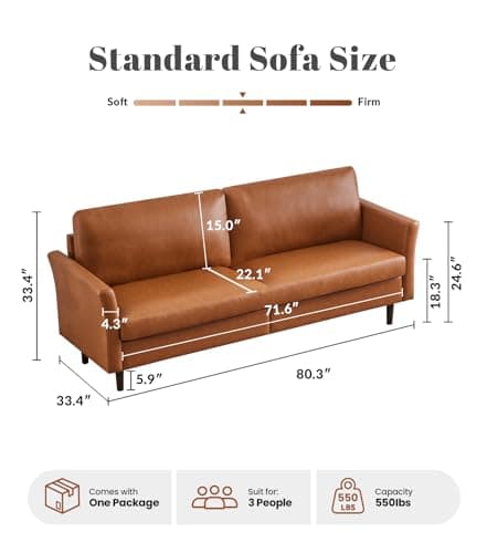 Kingfun Faux Leather 3 Seat Couch for Living Room, Mid Century Modern Sofa with Rolled Arms and Deep Seats, Fluffy Comfort for Apartment, Easy to Assemble, Chestnut
