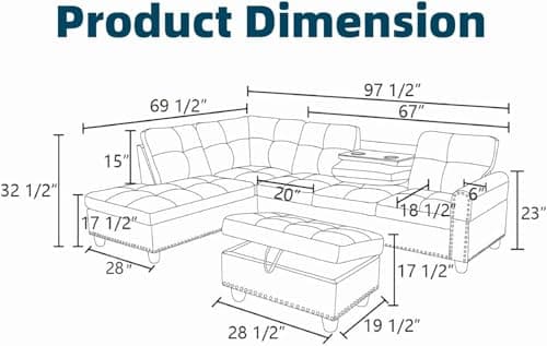 Topcomfy 97.5" L Shaped Couch Set, Modular Sectional Couches for Living Room with Storage Ottoman, 4 Seat Home Sofa Living Room Furniture Sets with Chaise for Apartment Office (Leather, Black)